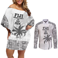 Custom Fiji Rugby Couples Matching Off Shoulder Short Dress and Long Sleeve Button Shirt History Champions World Cup 7s - White LT9 White - Polynesian Pride