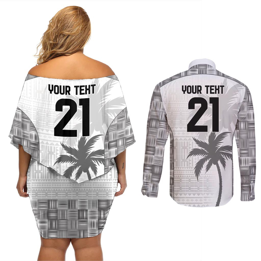 Custom Fiji Rugby Couples Matching Off Shoulder Short Dress and Long Sleeve Button Shirt History Champions World Cup 7s - White LT9 - Polynesian Pride