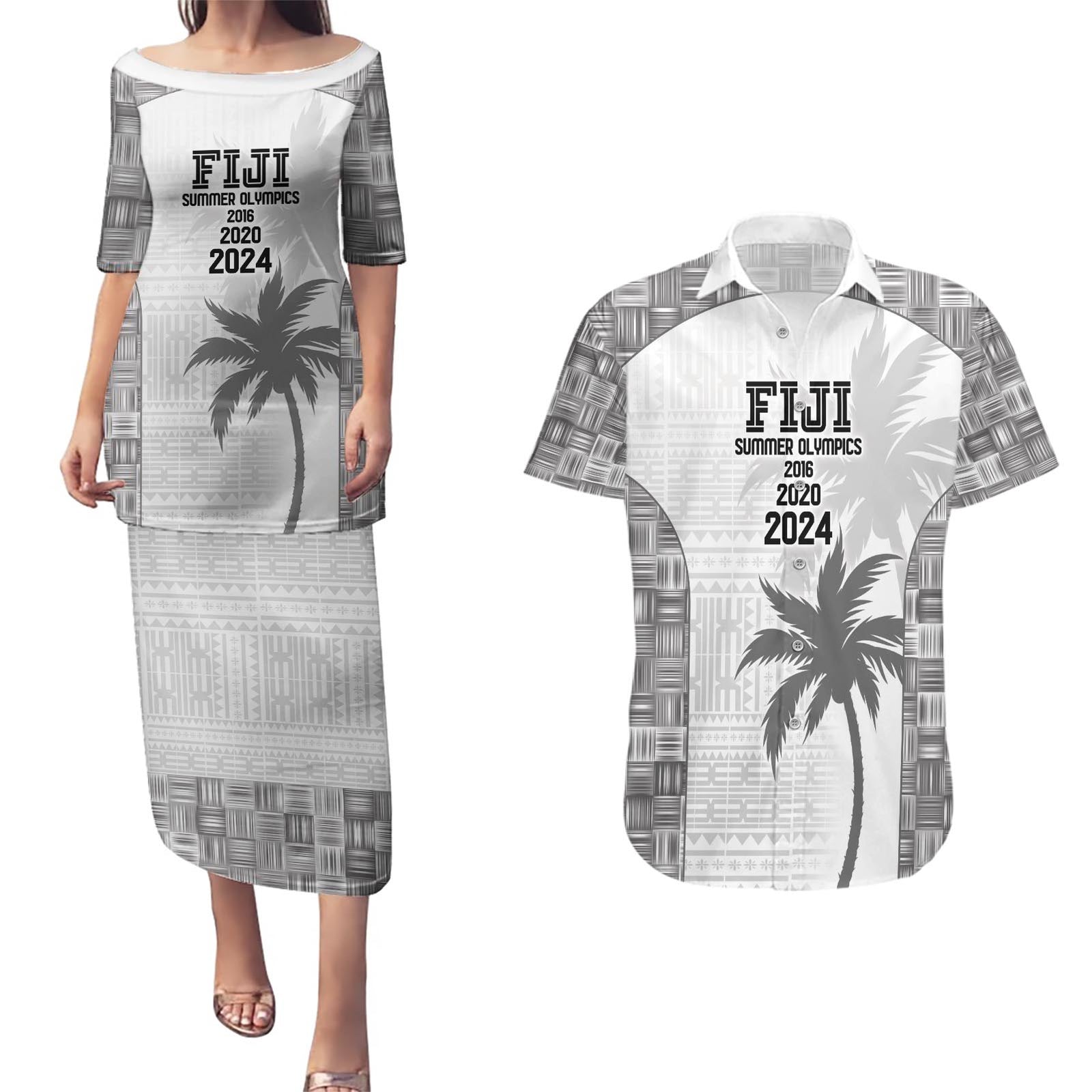 Custom Fiji Rugby Couples Matching Puletasi and Hawaiian Shirt History Champions World Cup 7s - White