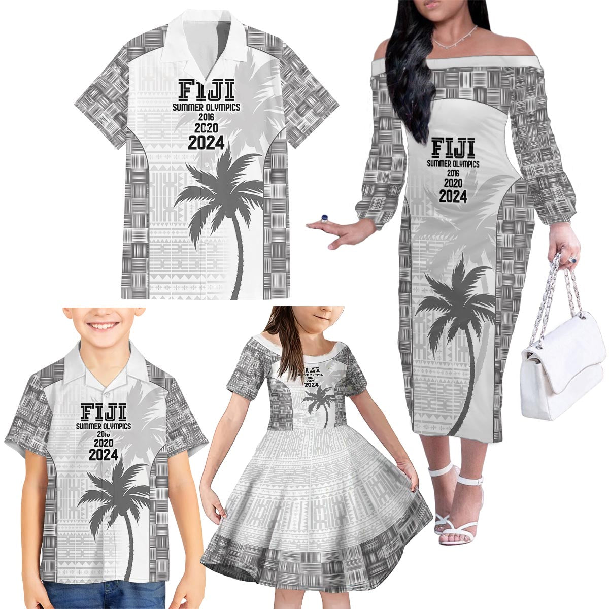 Custom Fiji Rugby Family Matching Off The Shoulder Long Sleeve Dress and Hawaiian Shirt History Champions World Cup 7s - White LT9 - Polynesian Pride