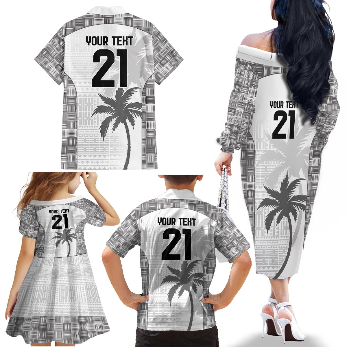 Custom Fiji Rugby Family Matching Off The Shoulder Long Sleeve Dress and Hawaiian Shirt History Champions World Cup 7s - White LT9 - Polynesian Pride