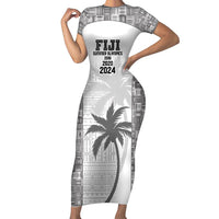Custom Fiji Rugby Family Matching Short Sleeve Bodycon Dress and Hawaiian Shirt History Champions World Cup 7s - White LT9 Mom's Dress White - Polynesian Pride