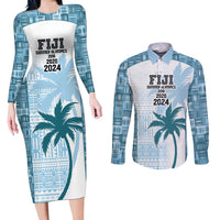 Custom Fiji Rugby Couples Matching Long Sleeve Bodycon Dress and Long Sleeve Button Shirt History Champions World Cup 7s - Bllue LT9 Blue - Polynesian Pride