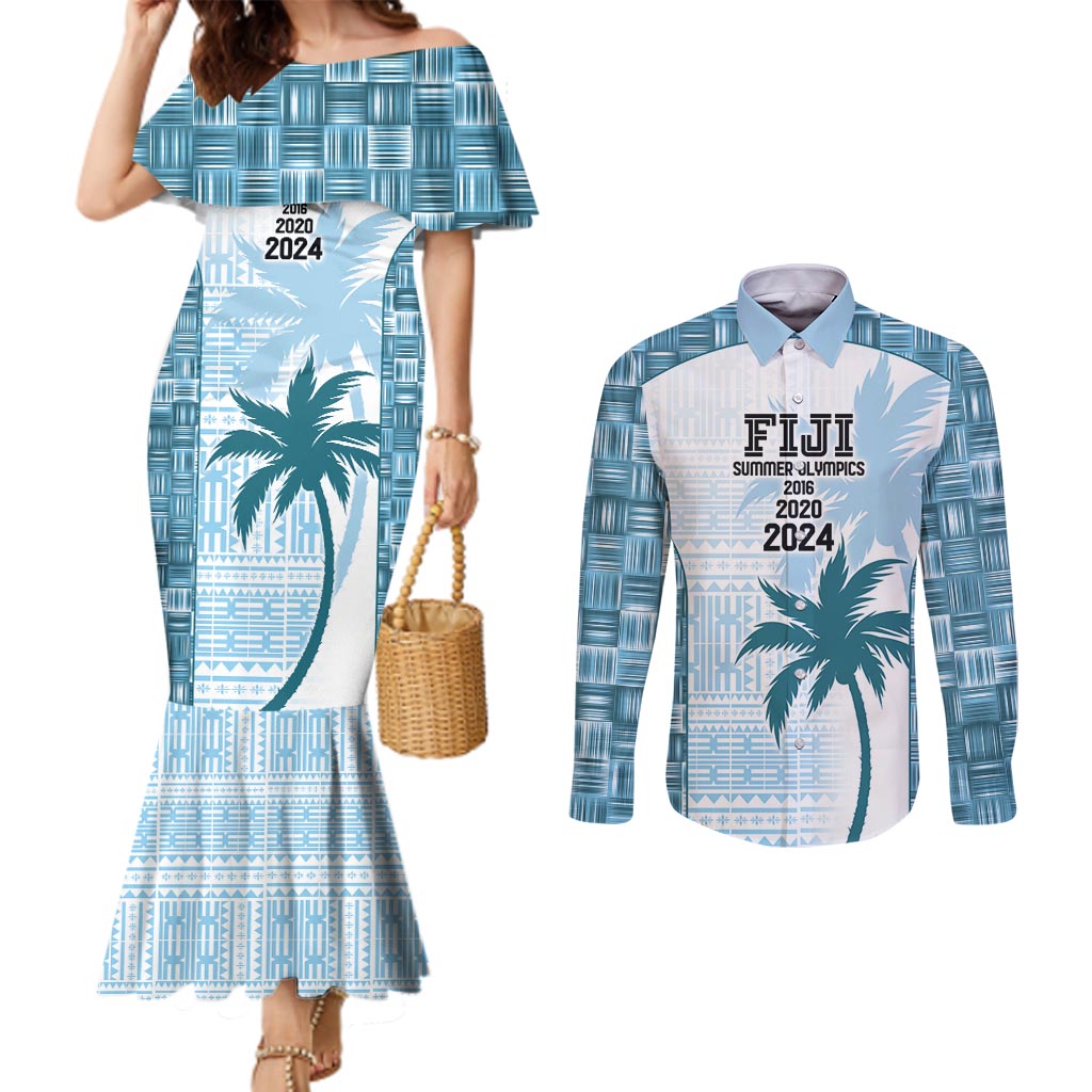 Custom Fiji Rugby Couples Matching Mermaid Dress and Long Sleeve Button Shirt History Champions World Cup 7s - Bllue LT9 Blue - Polynesian Pride