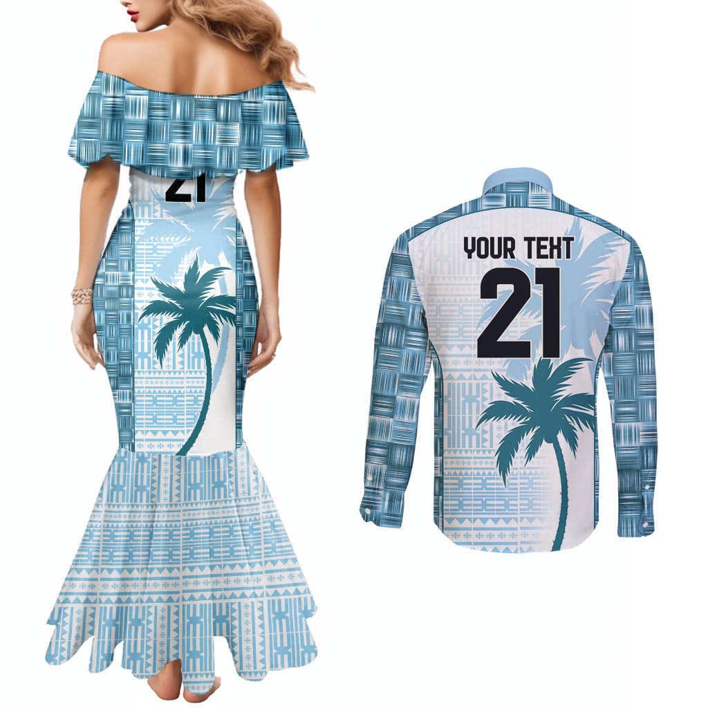 Custom Fiji Rugby Couples Matching Mermaid Dress and Long Sleeve Button Shirt History Champions World Cup 7s - Bllue LT9 - Polynesian Pride