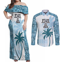 Custom Fiji Rugby Couples Matching Off Shoulder Maxi Dress and Long Sleeve Button Shirt History Champions World Cup 7s - Bllue LT9 Blue - Polynesian Pride
