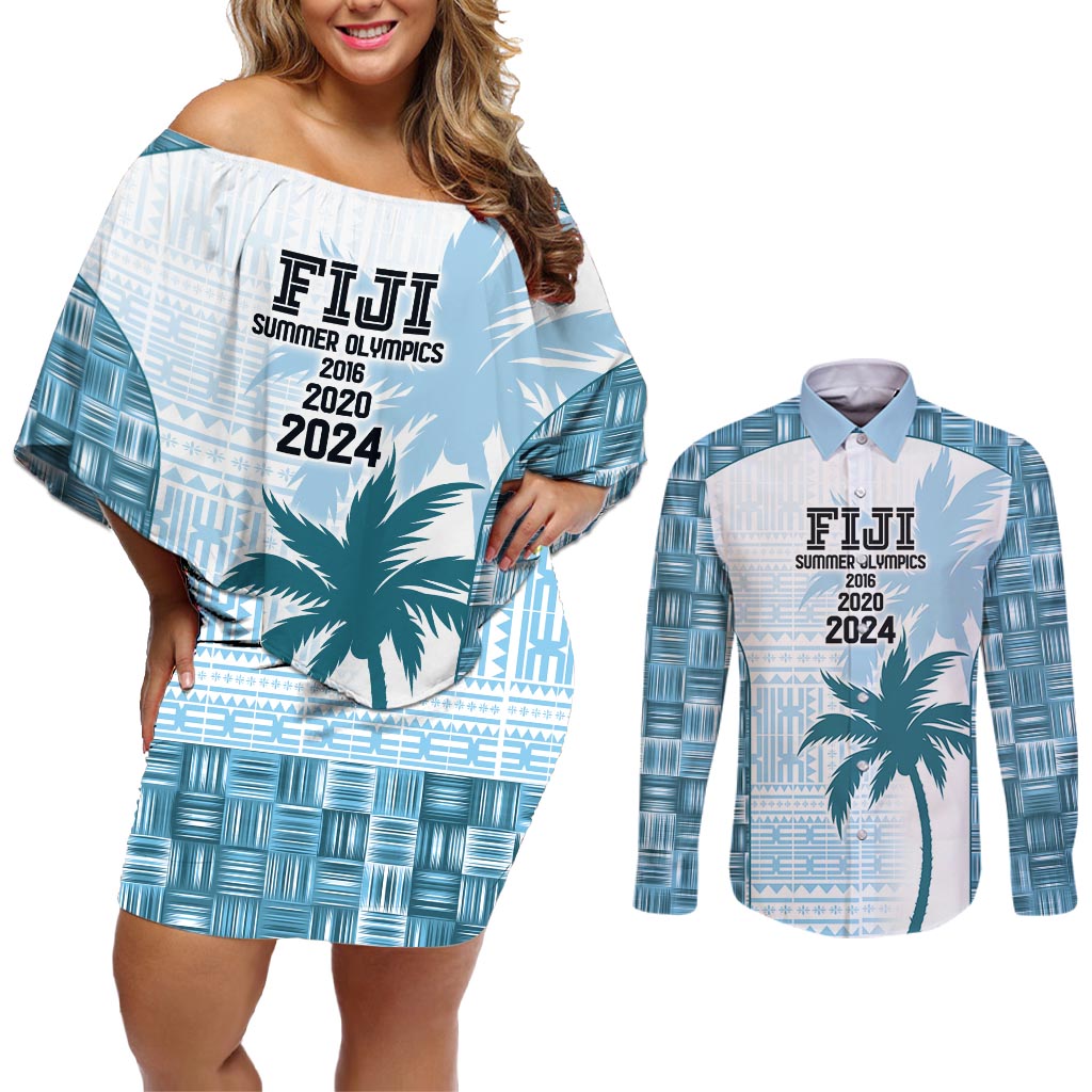 Custom Fiji Rugby Couples Matching Off Shoulder Short Dress and Long Sleeve Button Shirt History Champions World Cup 7s - Bllue LT9 Blue - Polynesian Pride