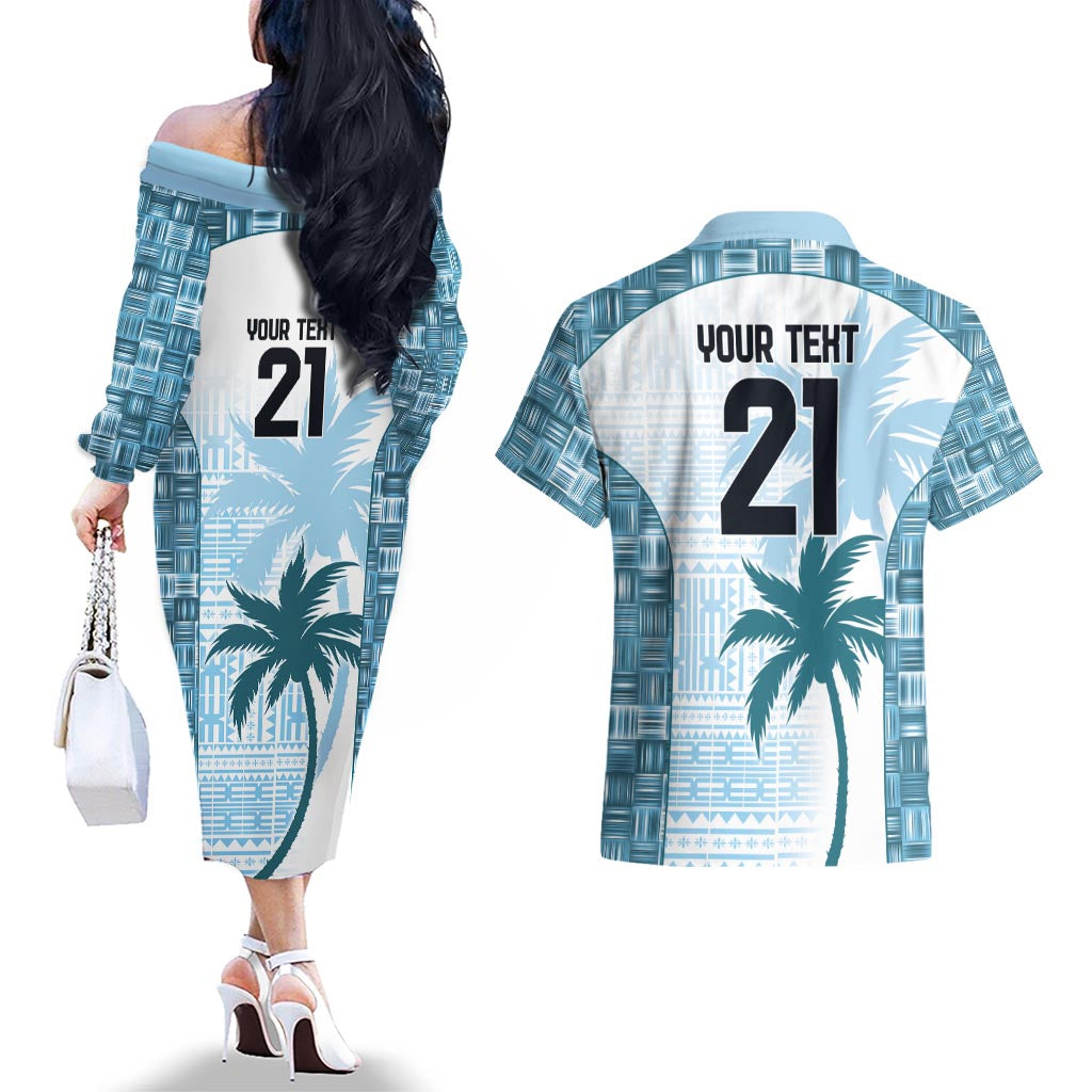 Custom Fiji Rugby Couples Matching Off The Shoulder Long Sleeve Dress and Hawaiian Shirt History Champions World Cup 7s - Bllue LT9 - Polynesian Pride