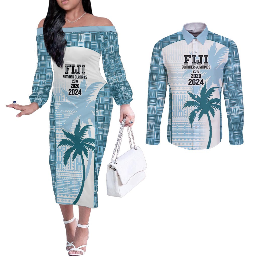 Custom Fiji Rugby Couples Matching Off The Shoulder Long Sleeve Dress and Long Sleeve Button Shirt History Champions World Cup 7s - Bllue LT9 Blue - Polynesian Pride