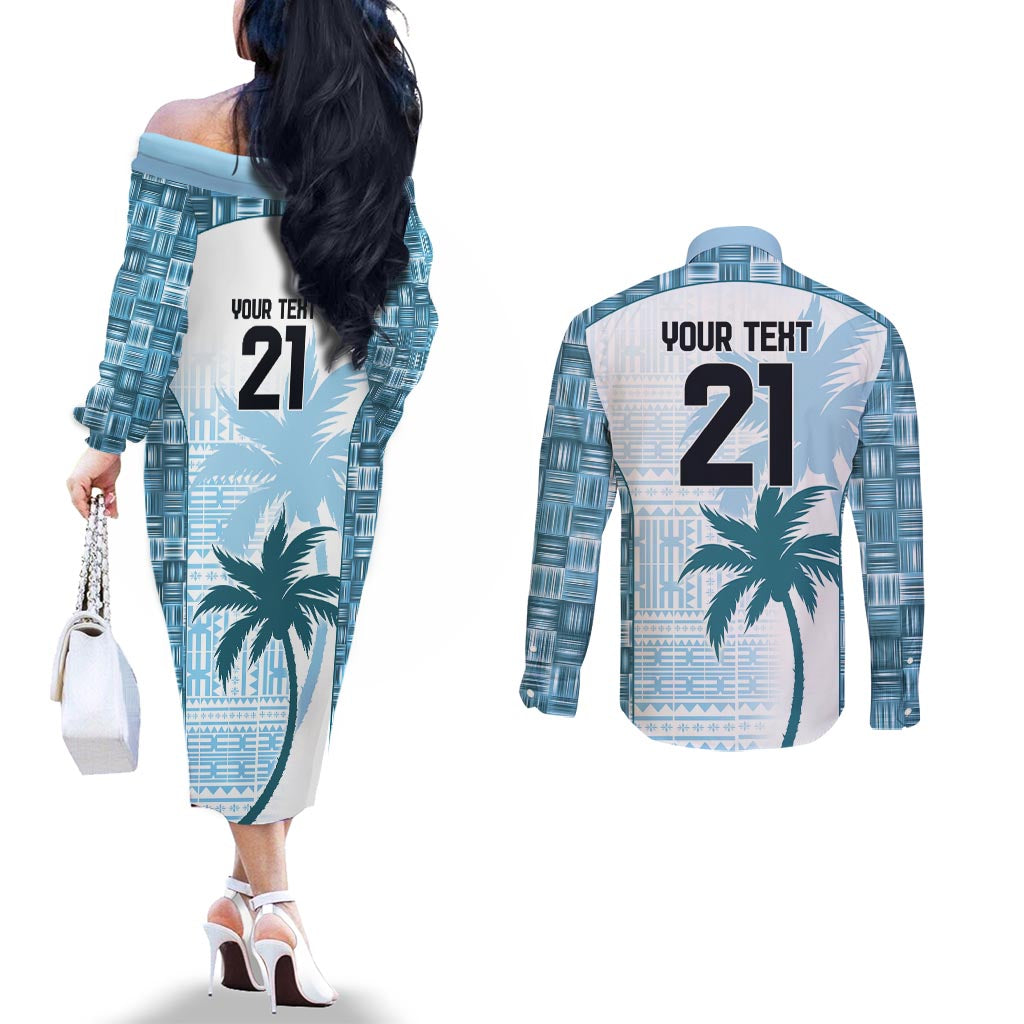 Custom Fiji Rugby Couples Matching Off The Shoulder Long Sleeve Dress and Long Sleeve Button Shirt History Champions World Cup 7s - Bllue LT9 - Polynesian Pride