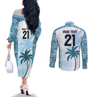 Custom Fiji Rugby Couples Matching Off The Shoulder Long Sleeve Dress and Long Sleeve Button Shirt History Champions World Cup 7s - Bllue LT9 - Polynesian Pride