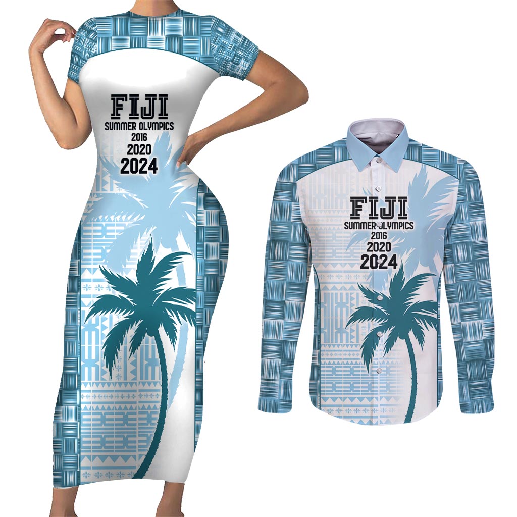 Custom Fiji Rugby Couples Matching Short Sleeve Bodycon Dress and Long Sleeve Button Shirt History Champions World Cup 7s - Bllue LT9 Blue - Polynesian Pride