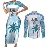 Custom Fiji Rugby Couples Matching Short Sleeve Bodycon Dress and Long Sleeve Button Shirt History Champions World Cup 7s - Bllue LT9 Blue - Polynesian Pride