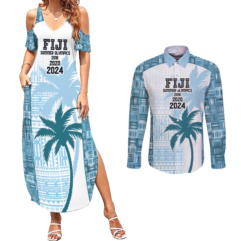 Custom Fiji Rugby Couples Matching Summer Maxi Dress and Long Sleeve Button Shirt History Champions World Cup 7s - Bllue LT9 Blue - Polynesian Pride
