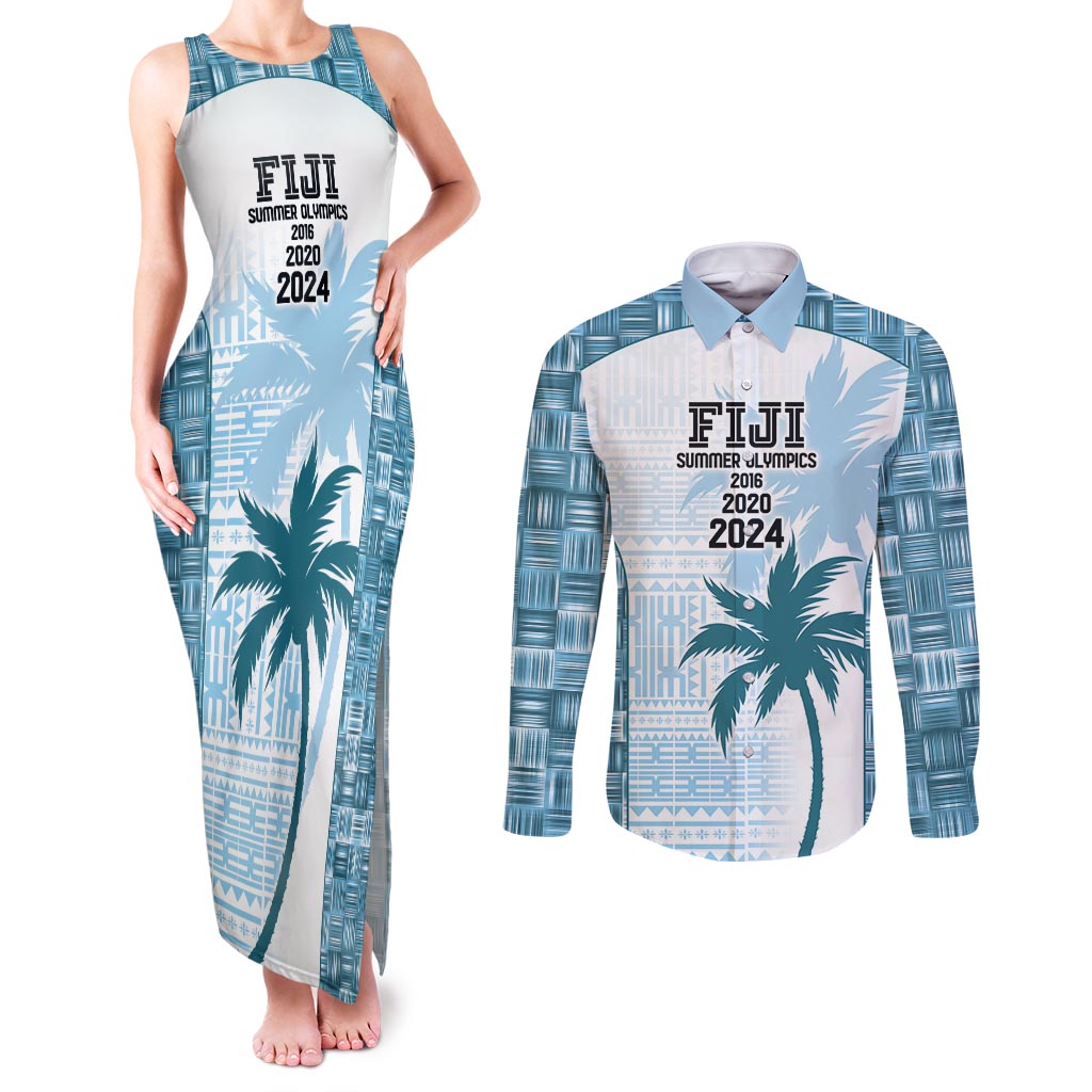 Custom Fiji Rugby Couples Matching Tank Maxi Dress and Long Sleeve Button Shirt History Champions World Cup 7s - Bllue LT9 Blue - Polynesian Pride