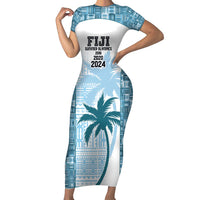 Custom Fiji Rugby Family Matching Short Sleeve Bodycon Dress and Hawaiian Shirt History Champions World Cup 7s - Bllue LT9 Mom's Dress Blue - Polynesian Pride