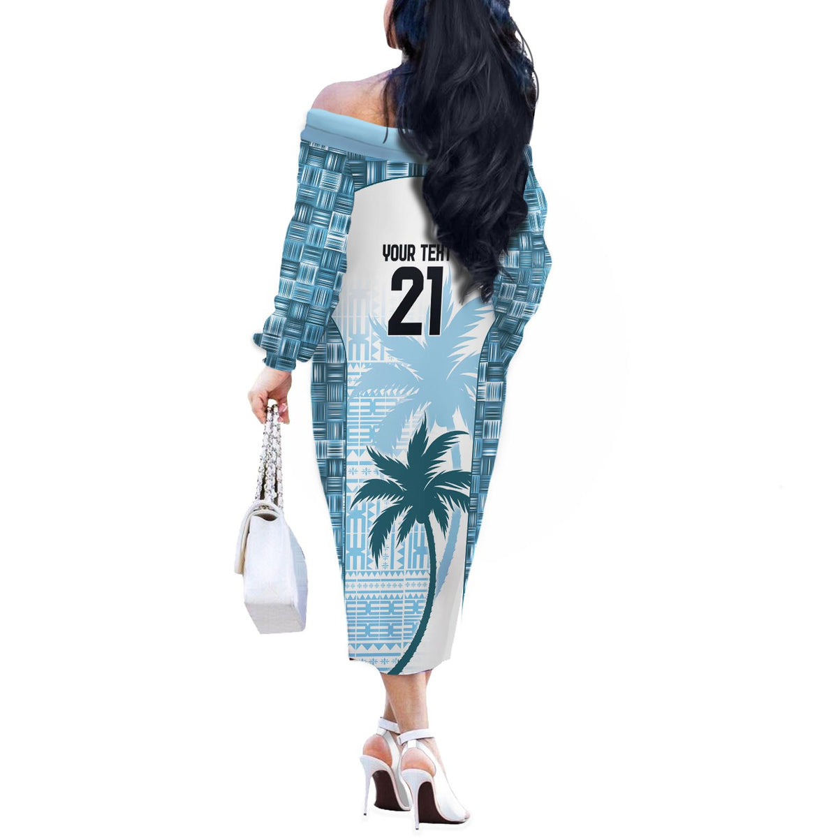 Custom Fiji Rugby Off The Shoulder Long Sleeve Dress History Champions World Cup 7s - Bllue LT9 - Polynesian Pride