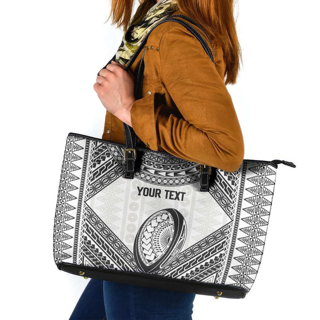 Custom Rugby Fiji National Heritage Leather Tote Bag White Traditional Masi Inspired LT9 White - Polynesian Pride