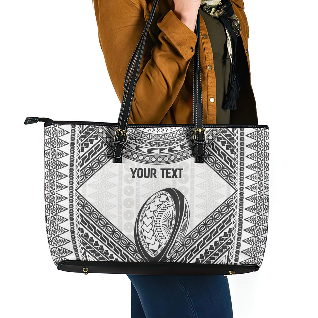 Custom Rugby Fiji National Heritage Leather Tote Bag White Traditional Masi Inspired