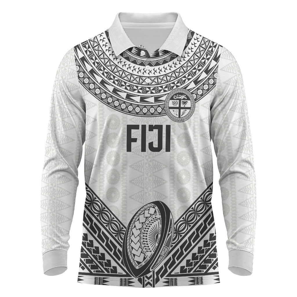 Custom Rugby Fiji National Heritage Long Sleeve Polo Shirt White Traditional Masi Inspired LT9 White - Polynesian Pride