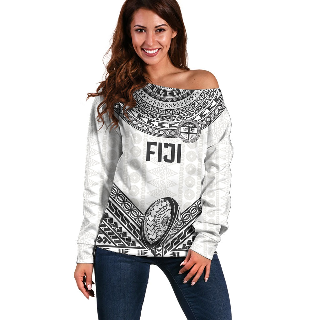 Custom Rugby Fiji National Heritage Off Shoulder Sweater White Traditional Masi Inspired LT9 Women White - Polynesian Pride