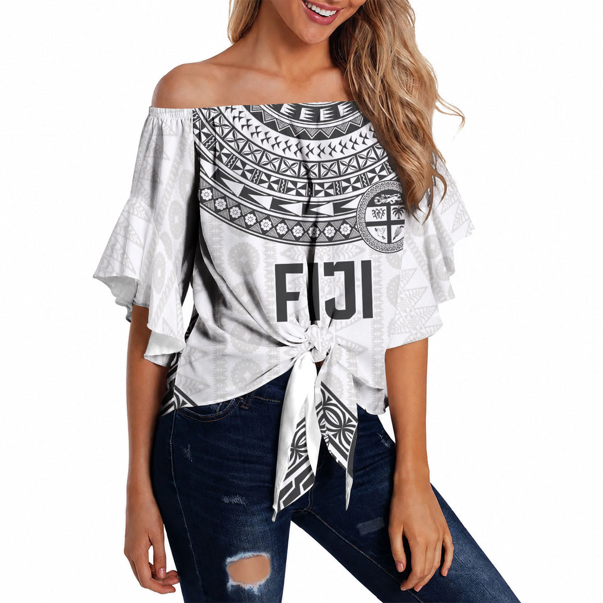 Custom Rugby Fiji National Heritage Off Shoulder Wrap Waist Top White Traditional Masi Inspired LT9 - Polynesian Pride