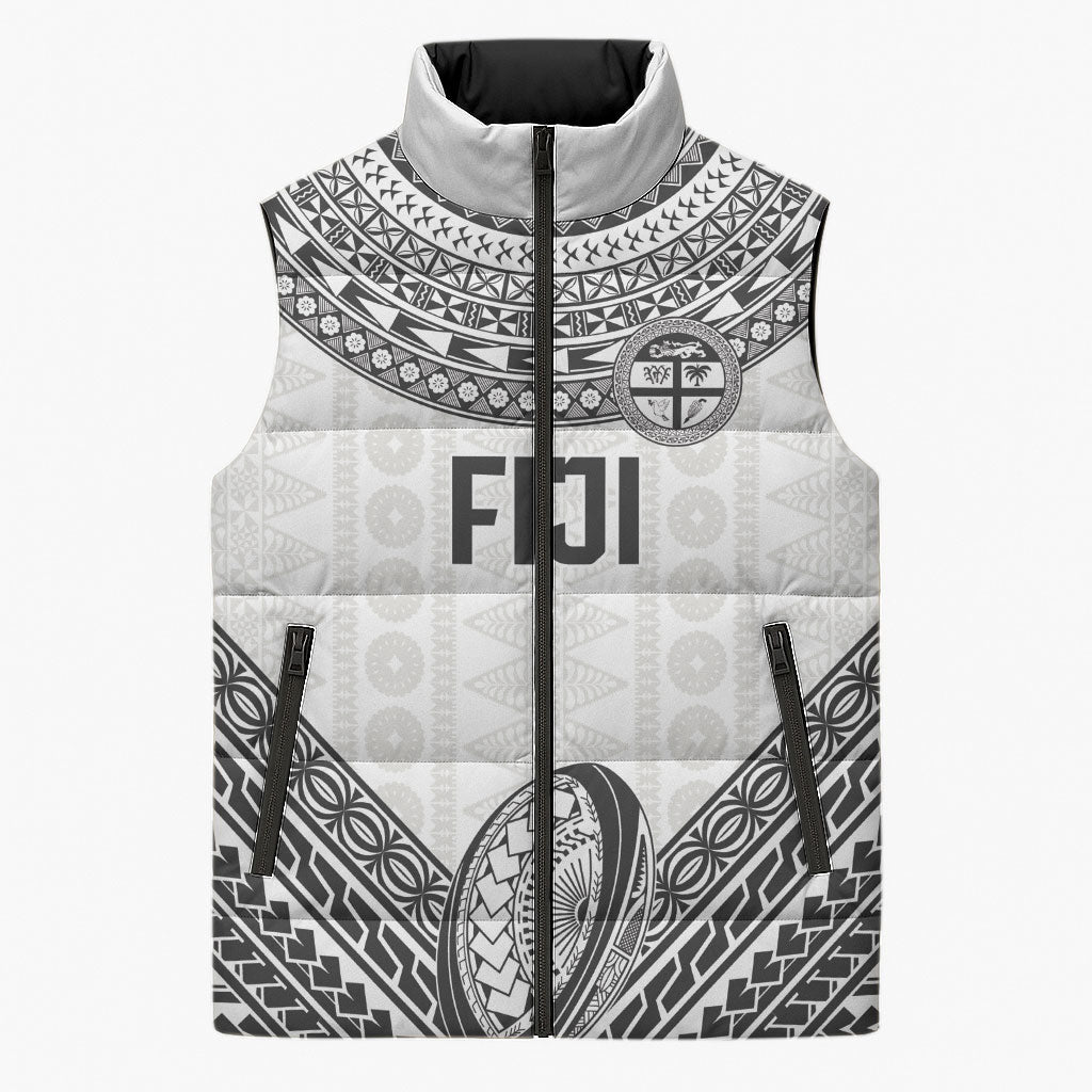 Custom Rugby Fiji National Heritage Sleeveless Puffer Jacket White Traditional Masi Inspired