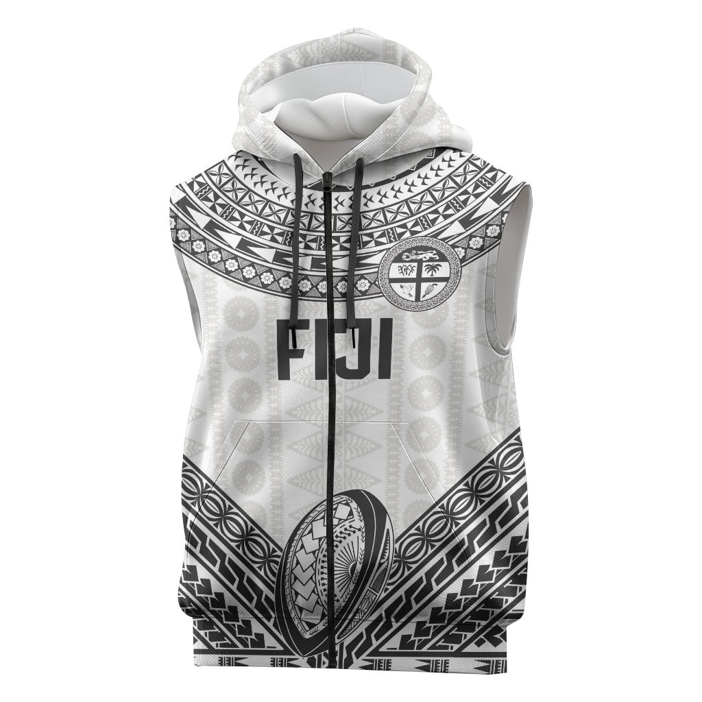 Custom Rugby Fiji National Heritage Sleeveless Zip Hoodie White Traditional Masi Inspired LT9 White - Polynesian Pride