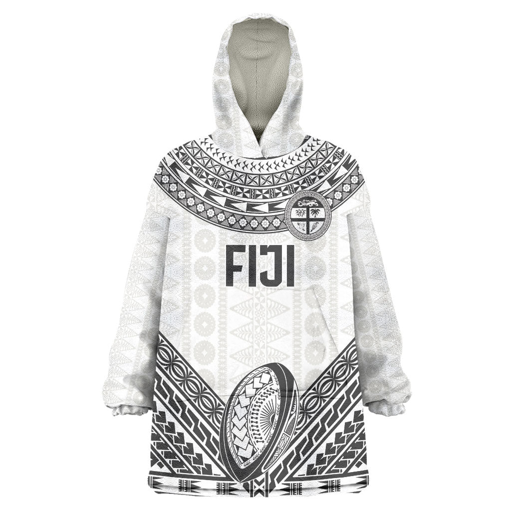 Custom Rugby Fiji National Heritage Wearable Blanket Hoodie White Traditional Masi Inspired LT9 One Size White - Polynesian Pride