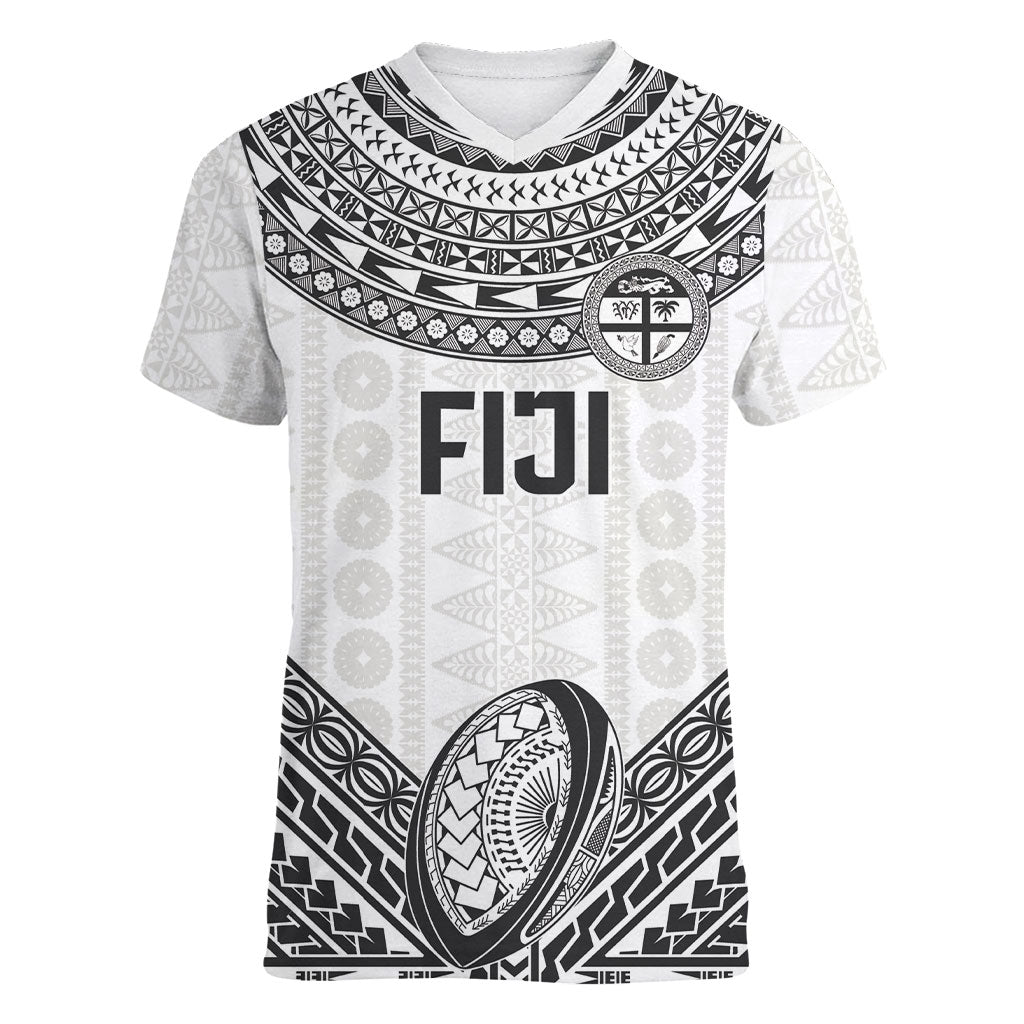 Custom Rugby Fiji National Heritage Women V-Neck T-Shirt White Traditional Masi Inspired LT9 Female White - Polynesian Pride