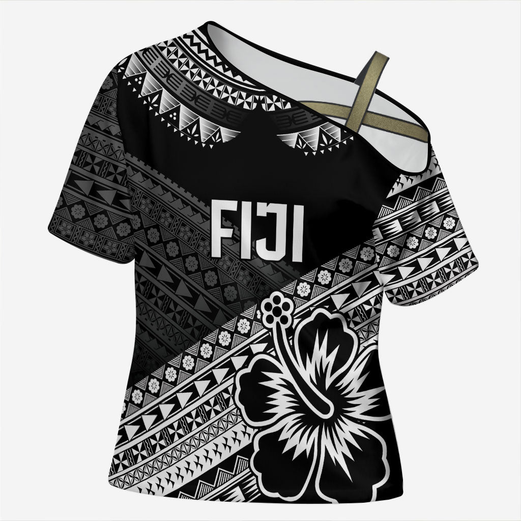 Custom Rugby Fiji Cross Shoulder Shirt Black Traditional Masi Inspired LT9 Female Black - Polynesian Pride