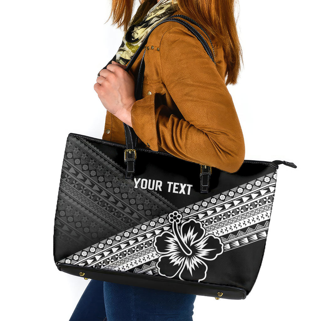 Custom Rugby Fiji Leather Tote Bag Black Traditional Masi Inspired LT9 Black - Polynesian Pride