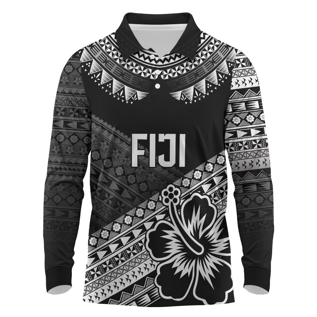 Custom Rugby Fiji Long Sleeve Polo Shirt Black Traditional Masi Inspired LT9 Black - Polynesian Pride