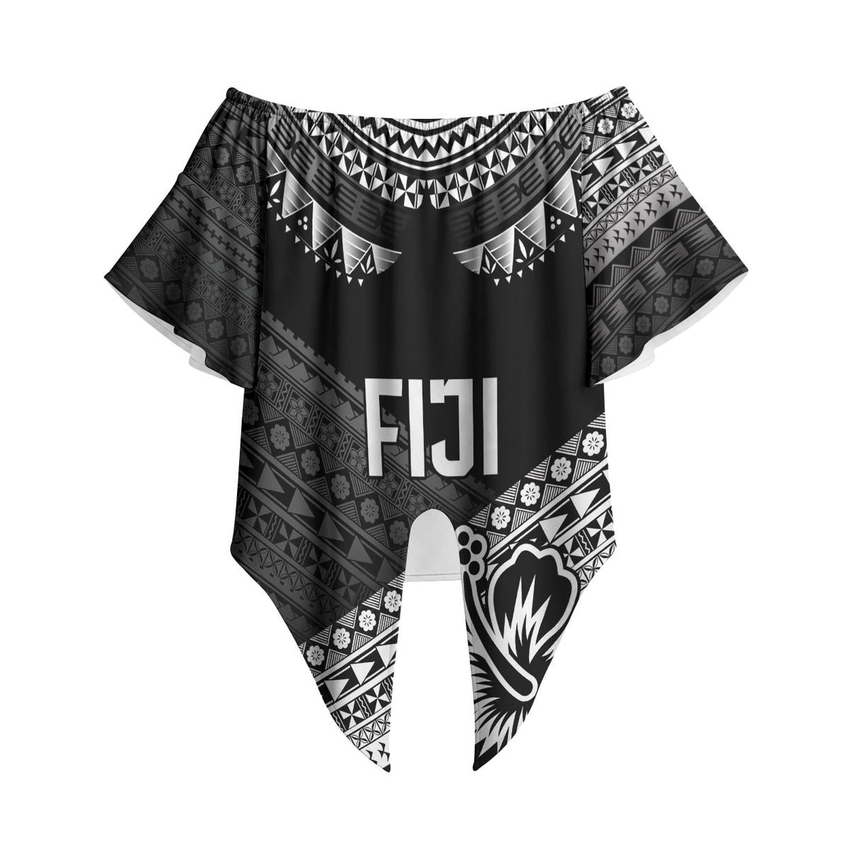 Custom Rugby Fiji Off Shoulder Wrap Waist Top Black Traditional Masi Inspired LT9 Black - Polynesian Pride