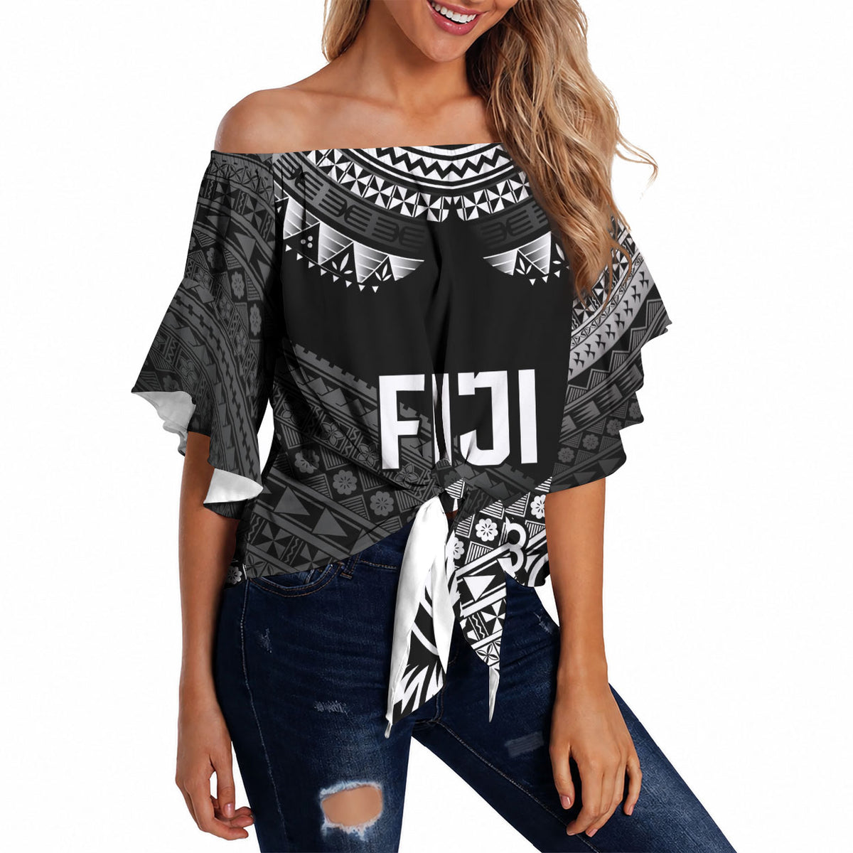 Custom Rugby Fiji Off Shoulder Wrap Waist Top Black Traditional Masi Inspired LT9 - Polynesian Pride