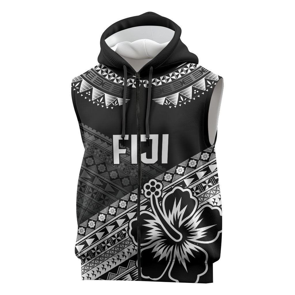 Custom Rugby Fiji Sleeveless Zip Hoodie Black Traditional Masi Inspired LT9 Black - Polynesian Pride