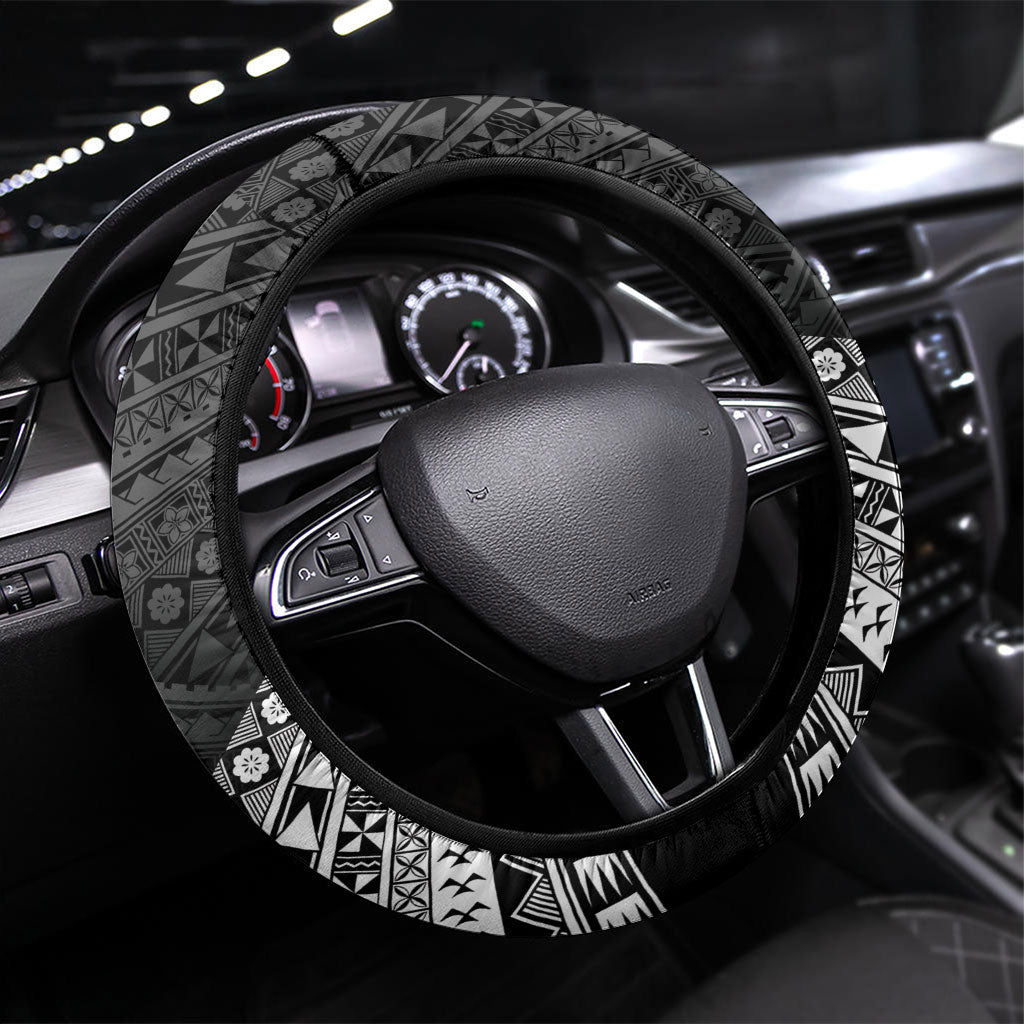 Rugby Fiji Steering Wheel Cover Black Traditional Masi Inspired LT9 Universal Fit Black - Polynesian Pride