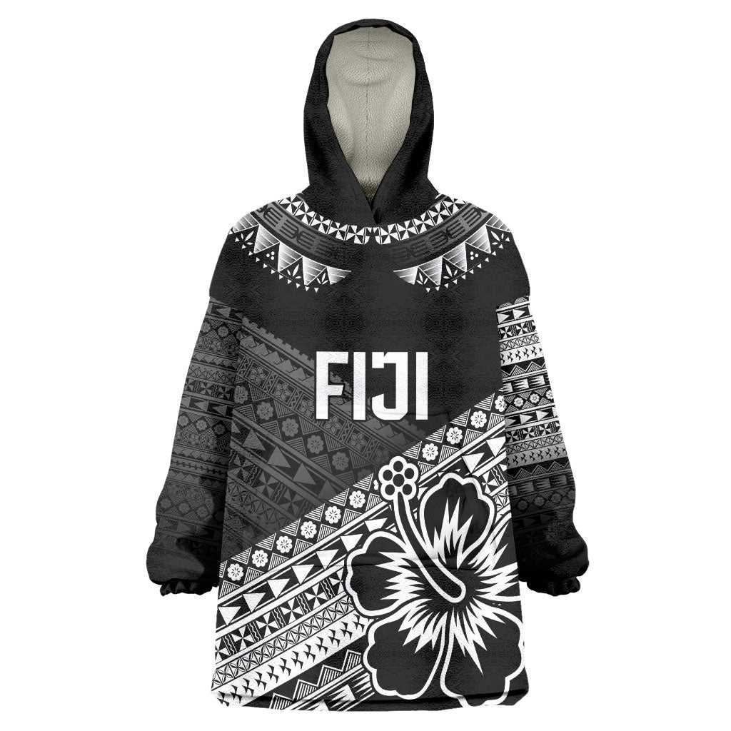 Custom Rugby Fiji Wearable Blanket Hoodie Black Traditional Masi Inspired LT9 One Size Black - Polynesian Pride