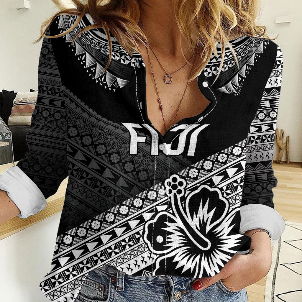 Custom Rugby Fiji Women Casual Shirt Black Traditional Masi Inspired LT9 Female Black - Polynesian Pride