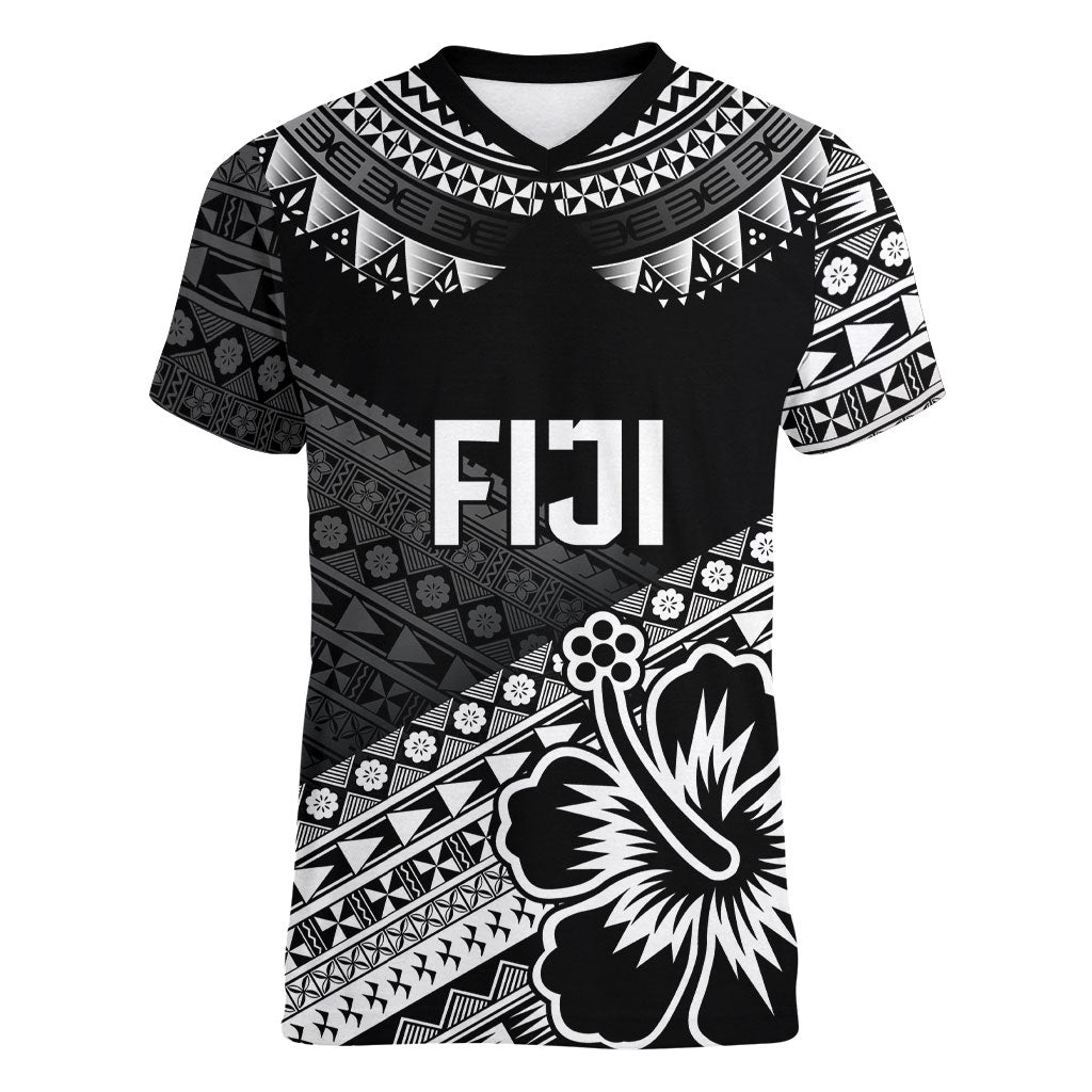 Custom Rugby Fiji Women V-Neck T-Shirt Black Traditional Masi Inspired LT9 Female Black - Polynesian Pride