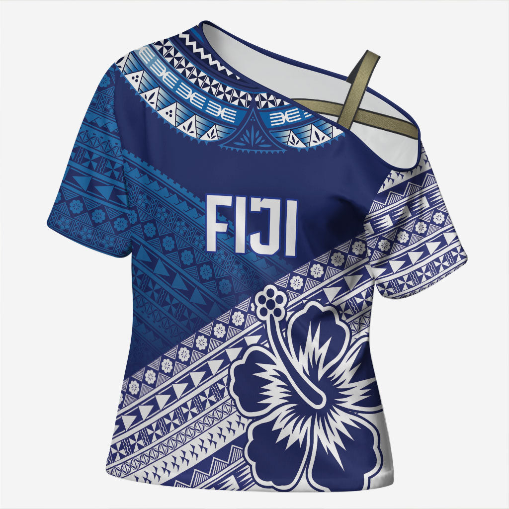 Custom Rugby Fiji Cross Shoulder Shirt Blue Traditional Masi Inspired LT9 Female Blue - Polynesian Pride