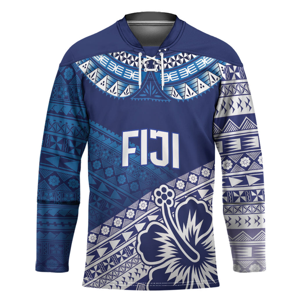 Custom Rugby Fiji Hockey Jersey Blue Traditional Masi Inspired LT9 Unisex Blue - Polynesian Pride