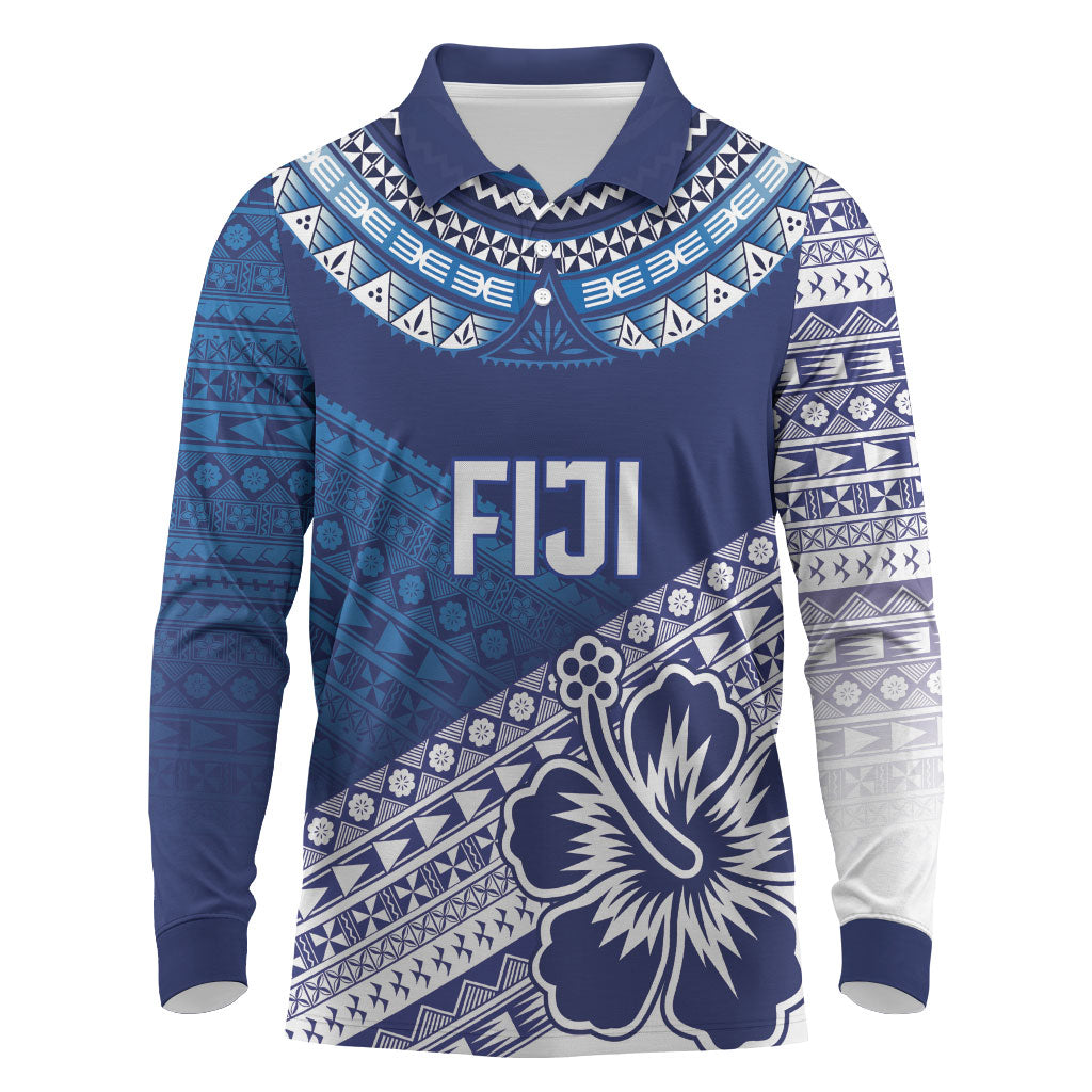Custom Rugby Fiji Long Sleeve Polo Shirt Blue Traditional Masi Inspired LT9 Blue - Polynesian Pride