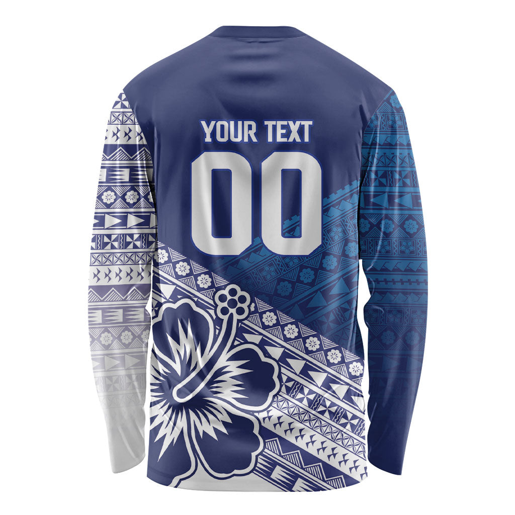 Custom Rugby Fiji Long Sleeve Shirt Blue Traditional Masi Inspired