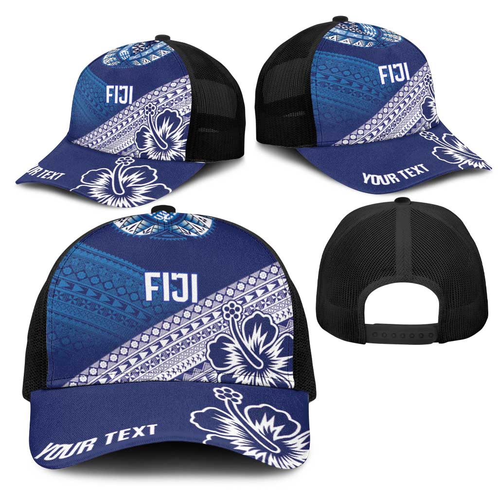 Personalised Rugby Fiji Mesh Trucker Cap Blue Traditional Masi Inspired