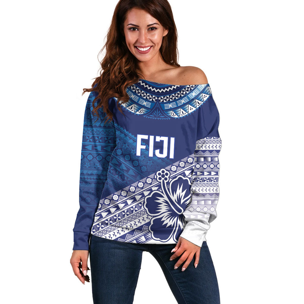 Custom Rugby Fiji Off Shoulder Sweater Blue Traditional Masi Inspired LT9 Women Blue - Polynesian Pride