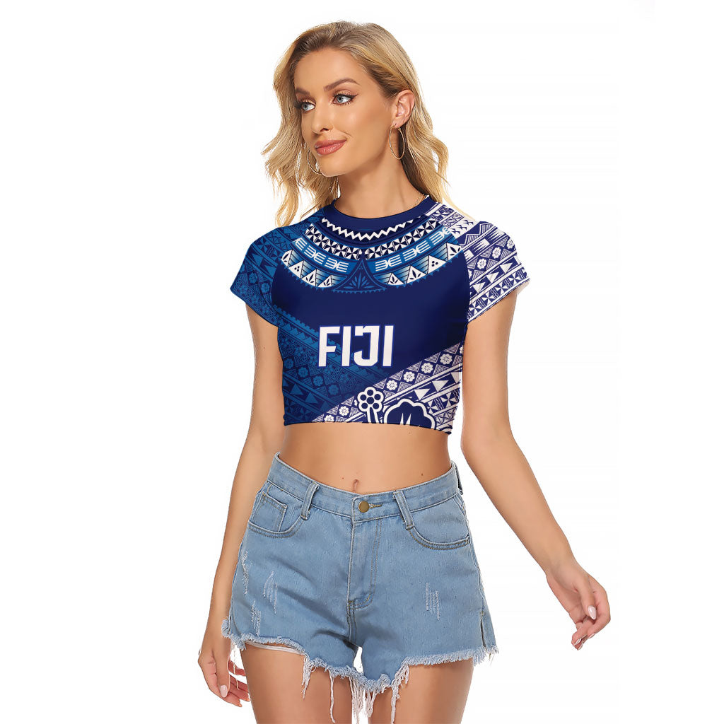Custom Rugby Fiji Raglan Cropped T Shirt Blue Traditional Masi Inspired LT9 Female Blue - Polynesian Pride