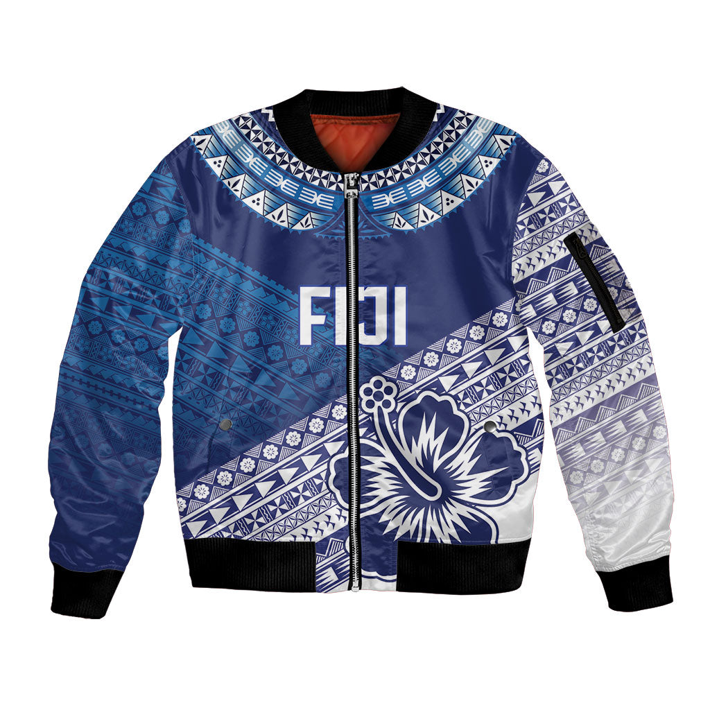 Custom Rugby Fiji Sleeve Zip Bomber Jacket Blue Traditional Masi Inspired