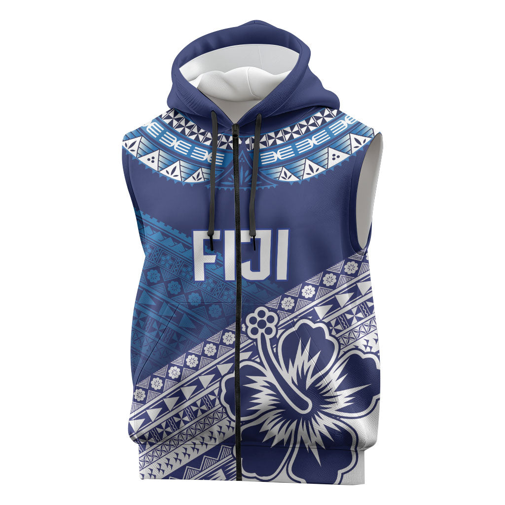 Custom Rugby Fiji Sleeveless Zip Hoodie Blue Traditional Masi Inspired LT9 Blue - Polynesian Pride