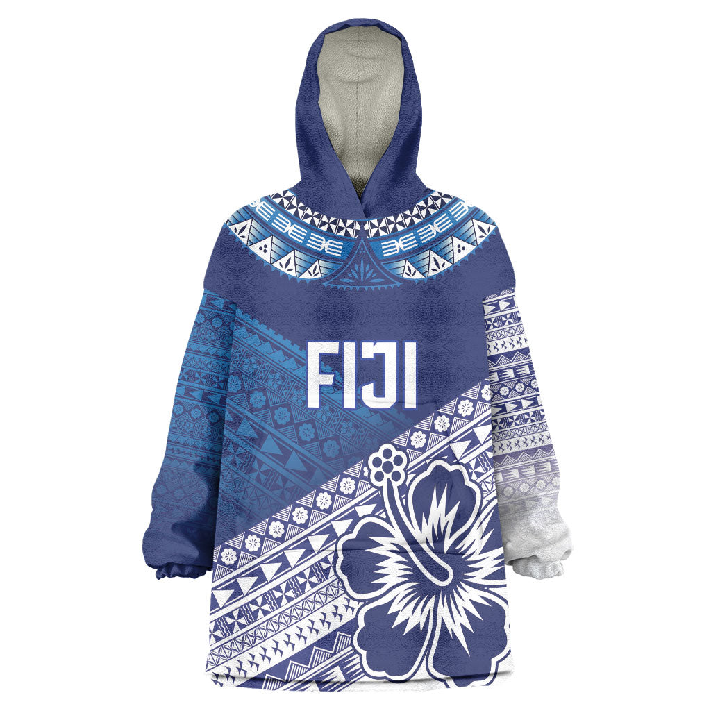Custom Rugby Fiji Wearable Blanket Hoodie Blue Traditional Masi Inspired LT9 One Size Blue - Polynesian Pride